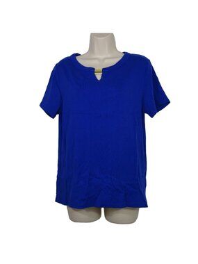 Rafaella Studio Blue Keyhole Ribbed Knit Top Women Size L Short Sleeve Cotton